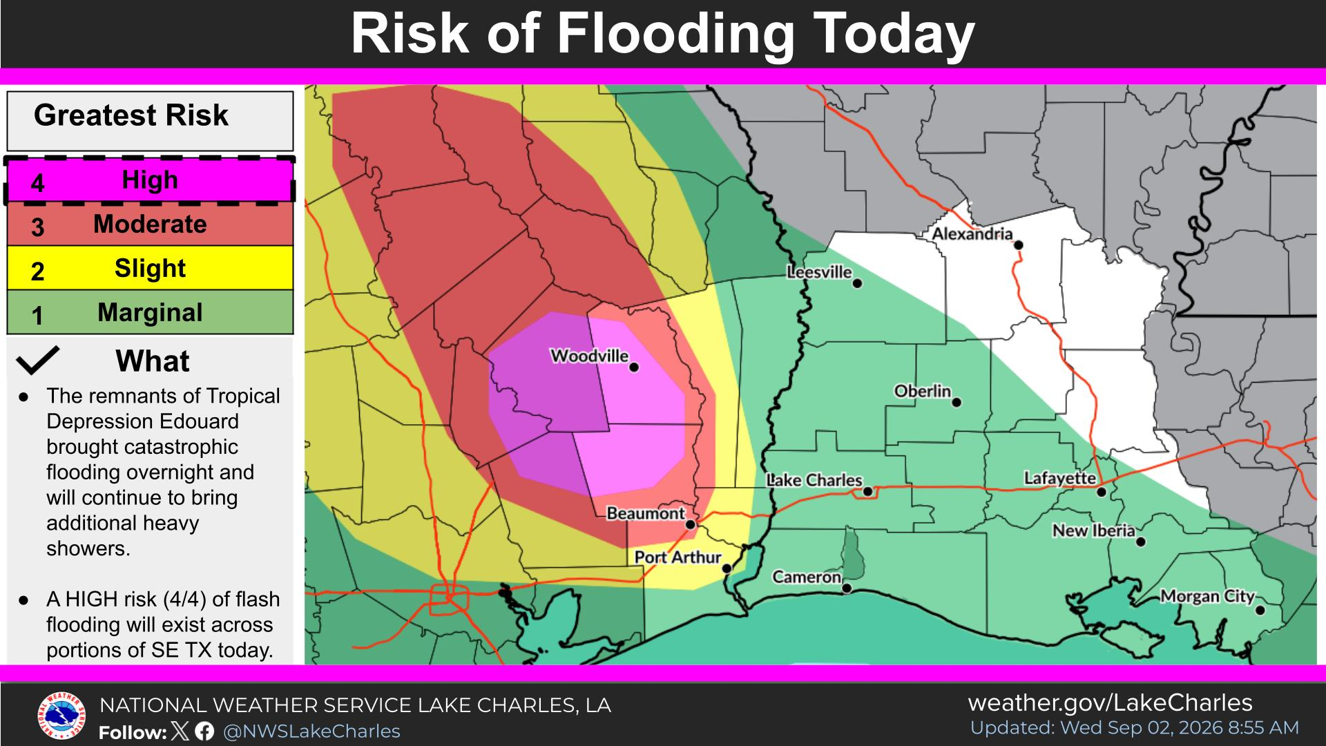 Official National Weather Service map showing a high risk of flash flooding over southeast Texas from the remnants of Tropical Depression Edouard on September 2, 2026