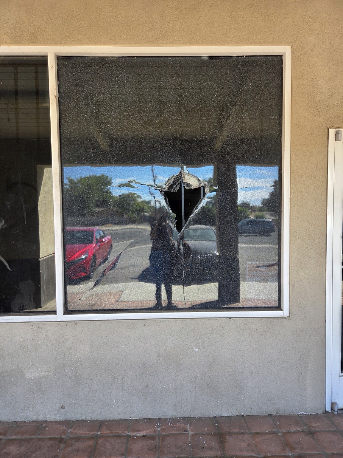 A large hole surrounded by shattered glass in the front window at For The Birds and More