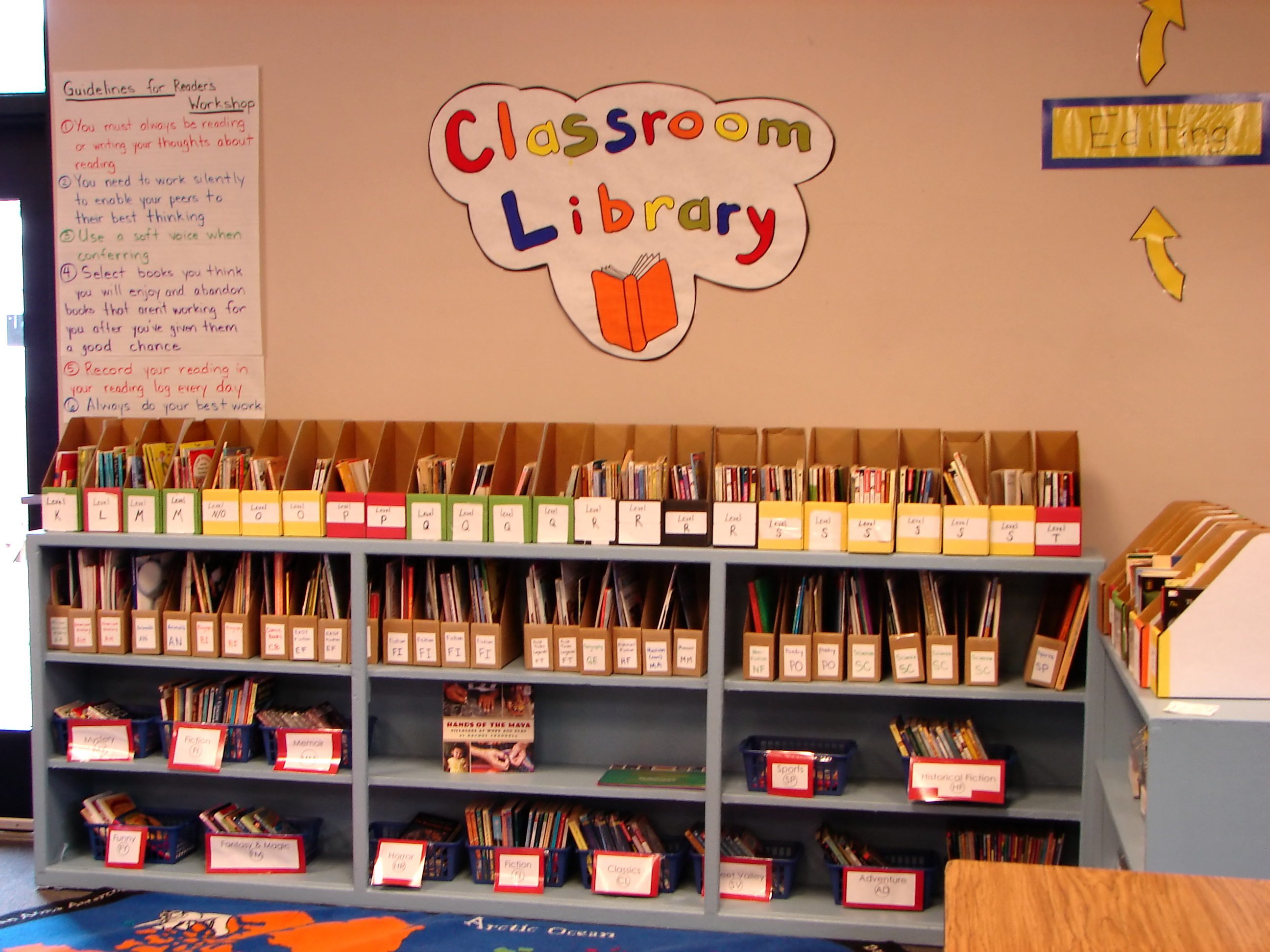 Books sorted into labeled bins beneath a colorful Classroom Library sign; no students are pictured. A classroom library at a U.S. elementary school, photographed in 2006. Illustrative image; the school is not identified as being in Kern County.