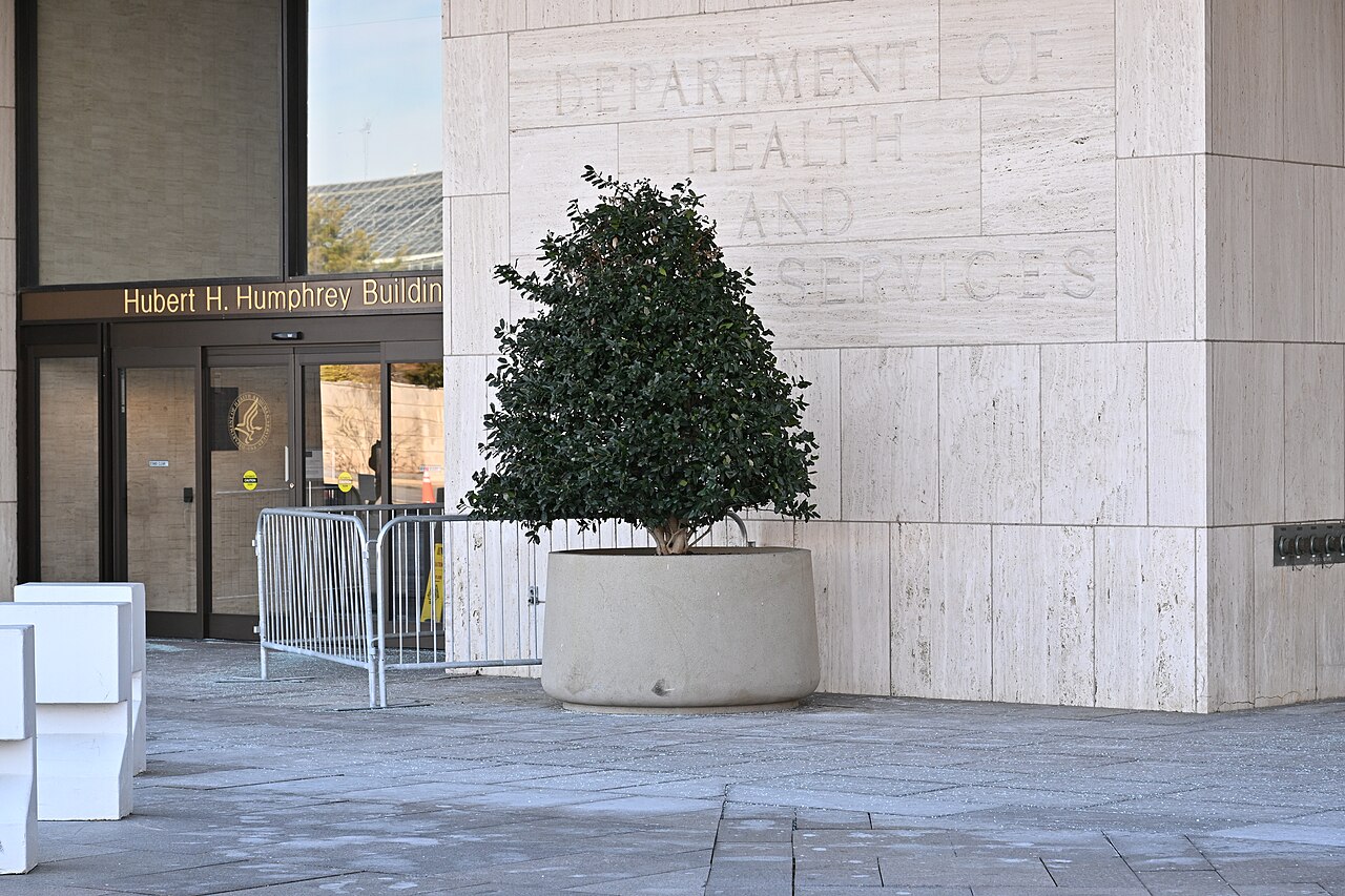 Entrance to the Department of Health and Human Services headquarters in Washington in February 2025; HHS oversees the 988 Lifeline.