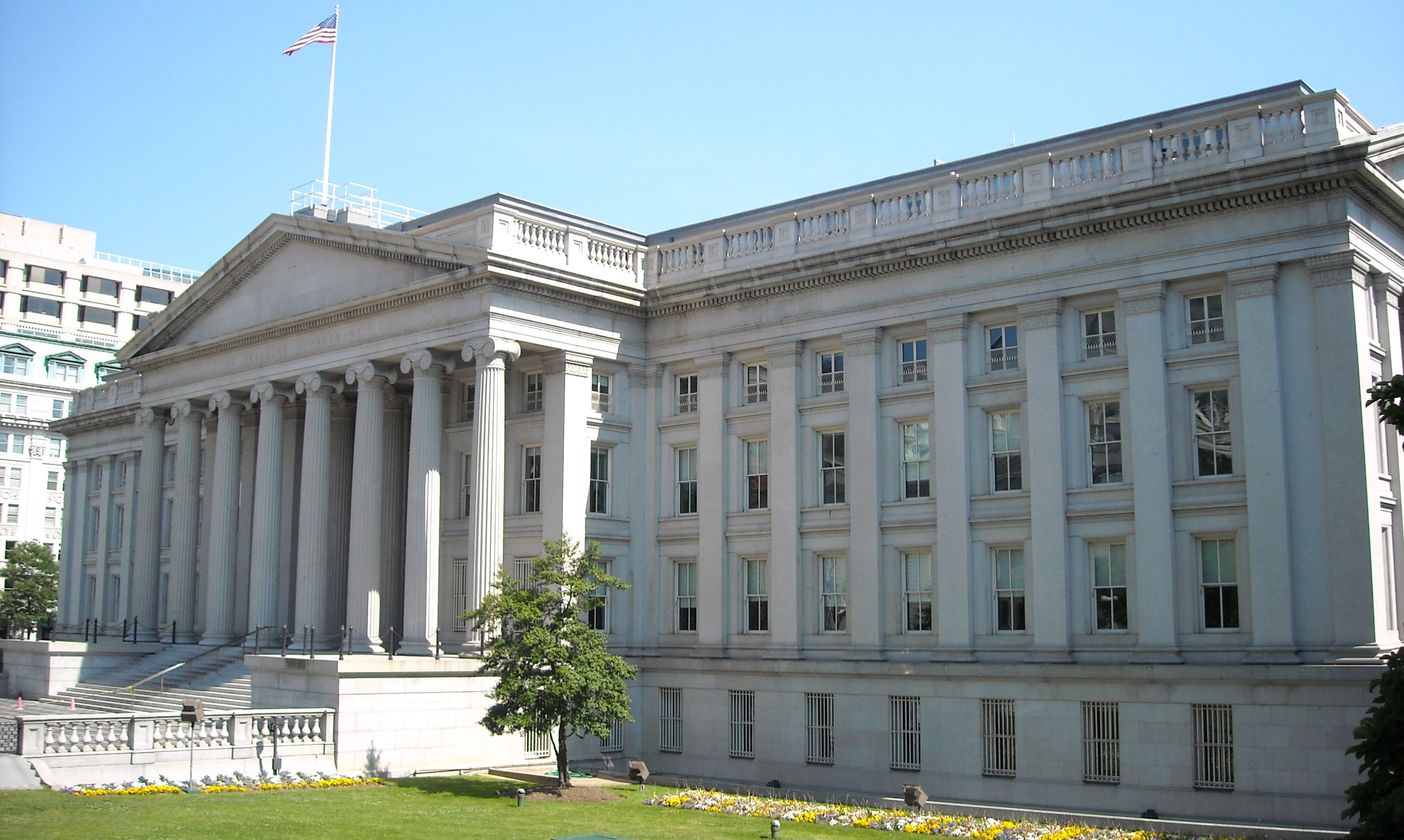 The U.S. Treasury building in Washington, photographed in May 2008; archival institutional context.