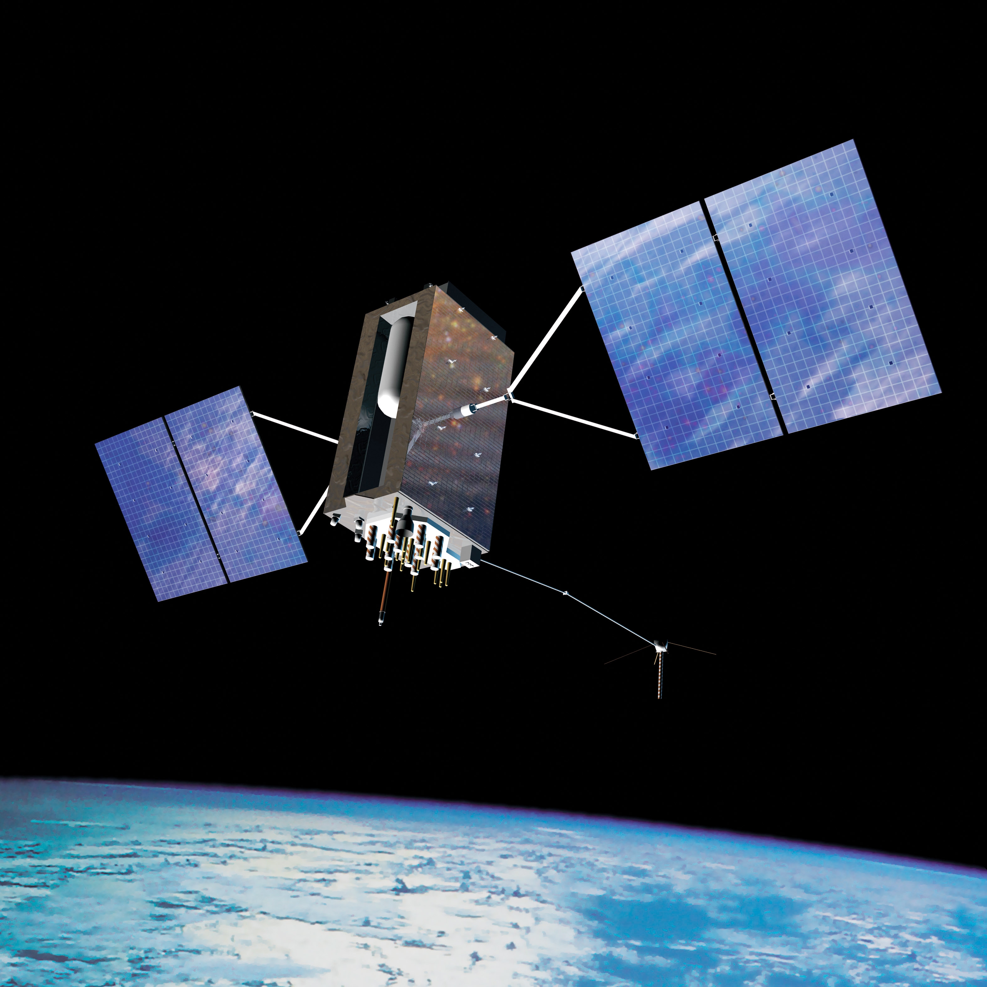An official illustration shows a GPS Block III satellite in orbit above Earth.