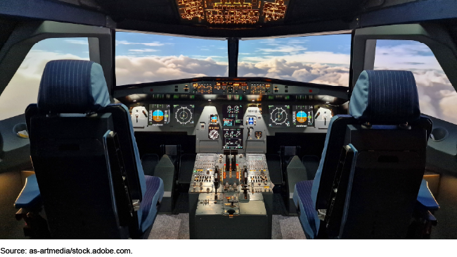 The cockpit of a hydraulic flight simulator.