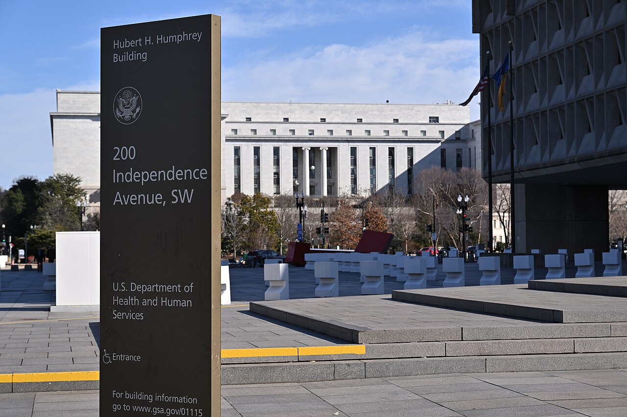 The U.S. Department of Health and Human Services headquarters sign outside the Hubert H. Humphrey Building in Washington, D.C., February 7, 2025. Departmental context; not a geospatial database or a data breach. Photo: G. Edward Johnson / Wikimedia Commons, CC BY 4.0. Source: https://commons.wikimedia.org/wiki/File:Dept_Health_and_Human_Services_HQ_sign_Washington_DC_2025-02-07_13-58-43_1.jpg License: https://creativecommons.org/licenses/by/4.0/ Photographer: https://edwardjohnson.com/