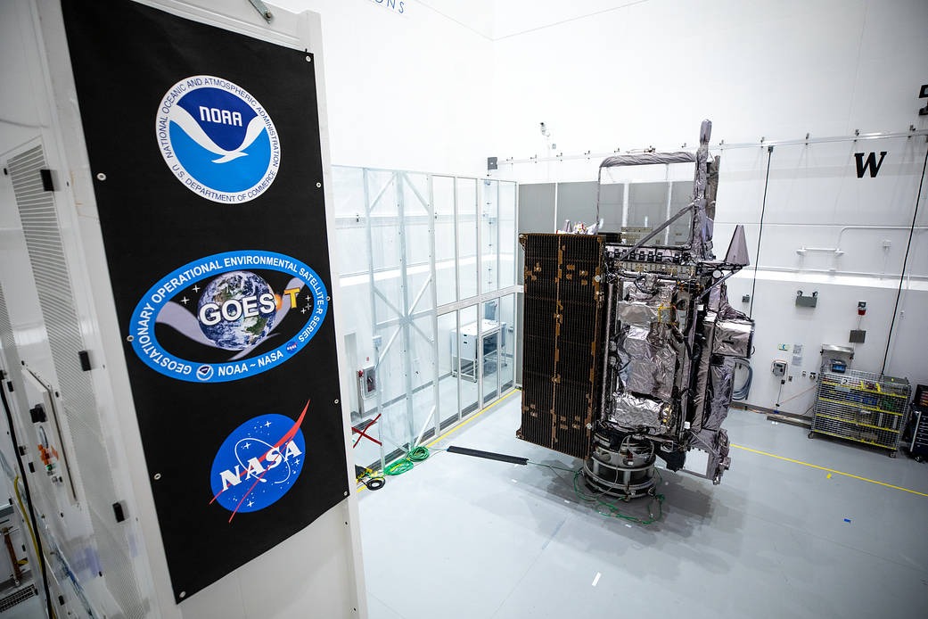 NOAA’s GOES-T satellite during processing at Astrotech Space Operations in Titusville, Florida, January 20, 2022. Archival existing-generation weather-satellite context; not GeoXO hardware. Photo: NASA/Ben Smegelsky. No NASA endorsement implied.