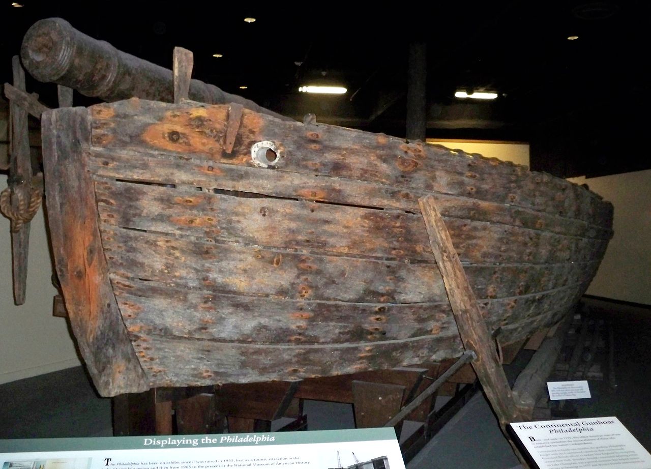 The gunboat Philadelphia on display at the Smithsonian National Museum of American History, October 3, 2009. Archival object photograph; does not document its current display arrangement.