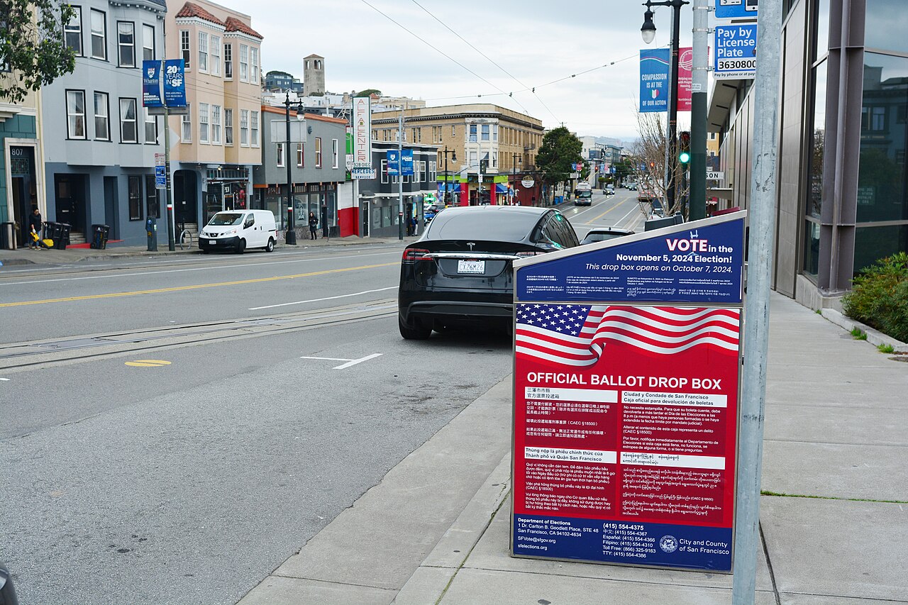 Ballot box on Columbus Avenue in San Francisco, March 5, 2025. Context photograph; not evidence of fraud or of the election procedure described in a claim. Context for a future California ballot measure; not the March 2028 election.