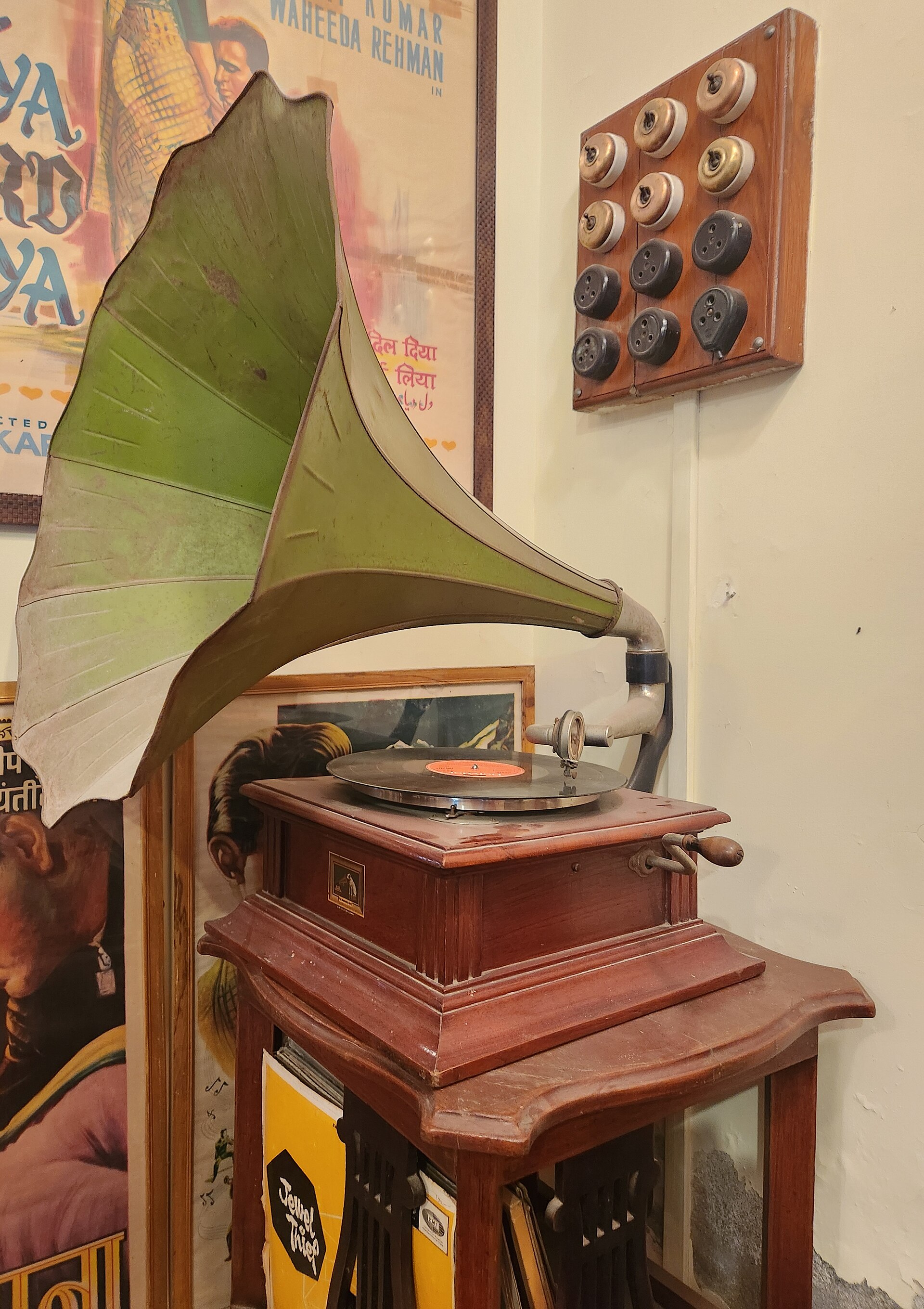 An antique HMV gramophone photographed in 2024.