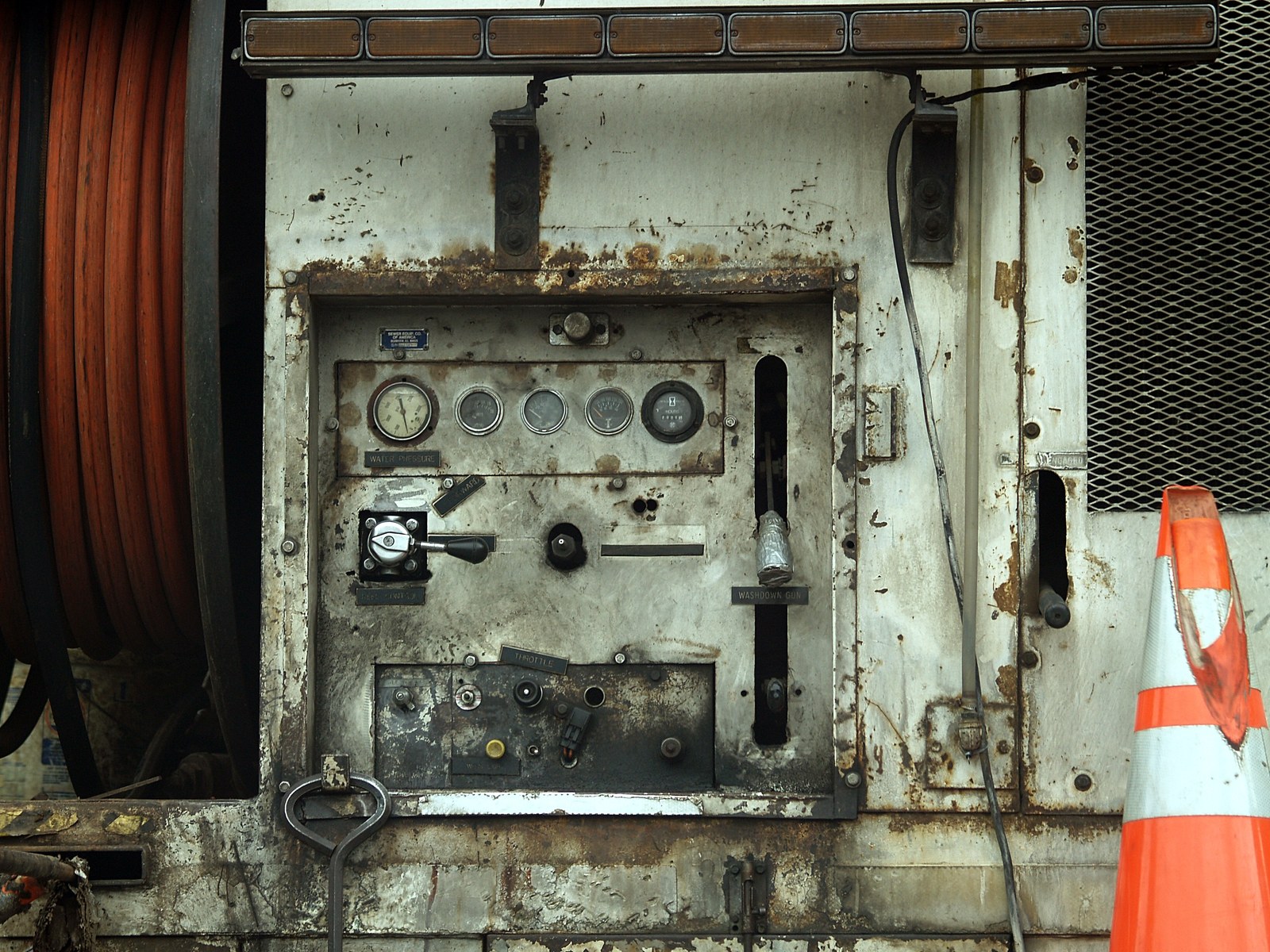 Detail of water-truck controls photographed in Washington, D.C., August 20, 2007. Historical equipment context, not a Kern County vehicle. takomabibelot / Wikimedia Commons / CC BY 2.0.